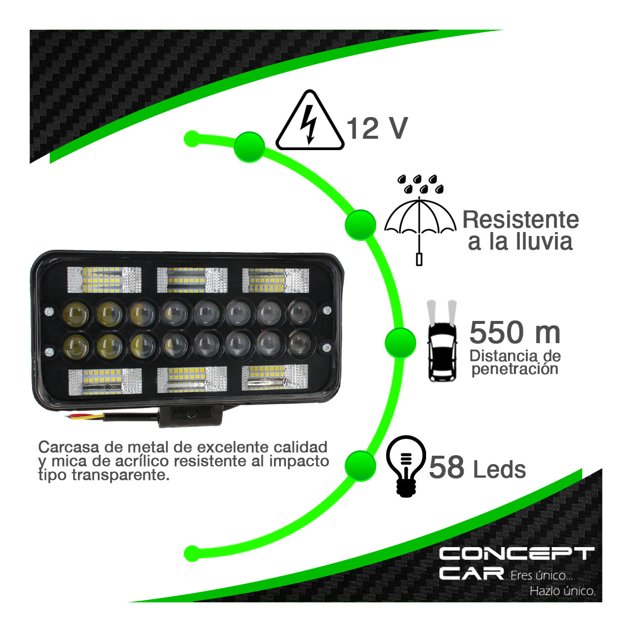 Par Faro 58 Led 16 Lupas Rectangular Auxiliar Fondo Negro