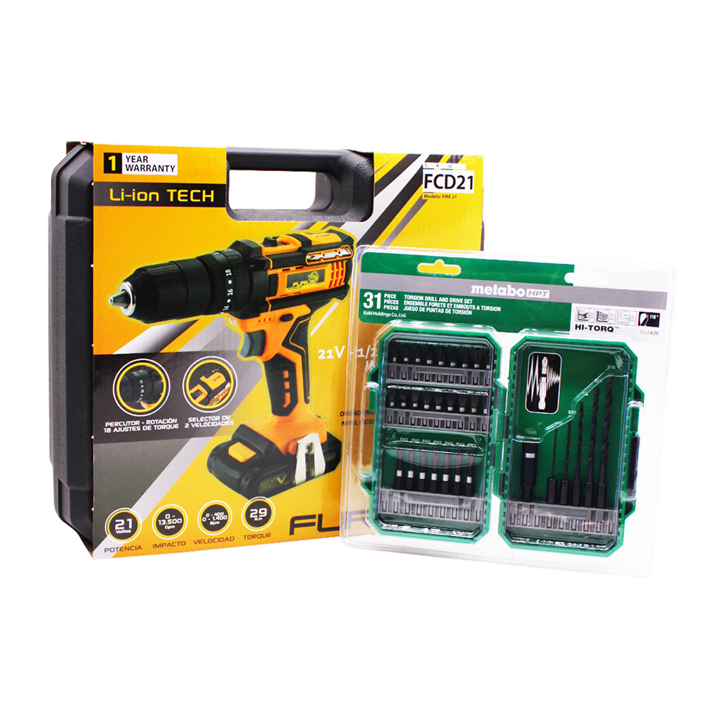 Taladro percutor inalambrico 21v 1/2 Furius con 2 baterias + SET  puntas desarmador y brocas 31 pzs.