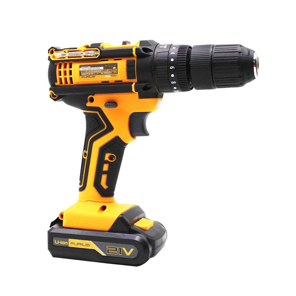 Taladro percutor inalambrico 21v 1/2 Furius con 2 baterias + SET  puntas desarmador y brocas 31 pzs.