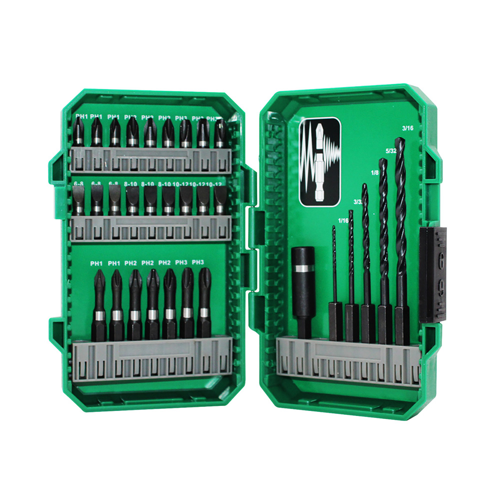 Taladro percutor inalambrico 21v 1/2 Furius con 2 baterias + SET  puntas desarmador y brocas 31 pzs.