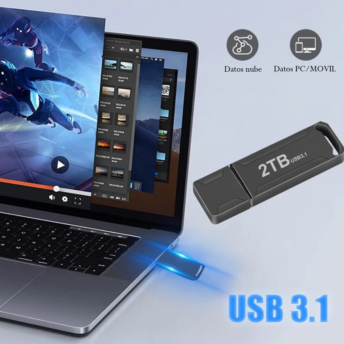 Memoria pendrive USB 3.1 alta velocidad unidad Flash 2TB metalica negro portátil pc lap mac cel.