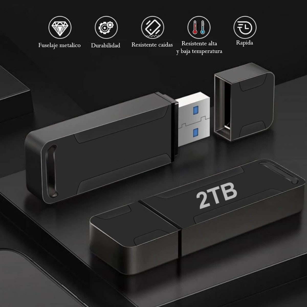 Memoria pendrive USB 3.1 alta velocidad unidad Flash 2TB metalica negro portátil pc lap mac cel.