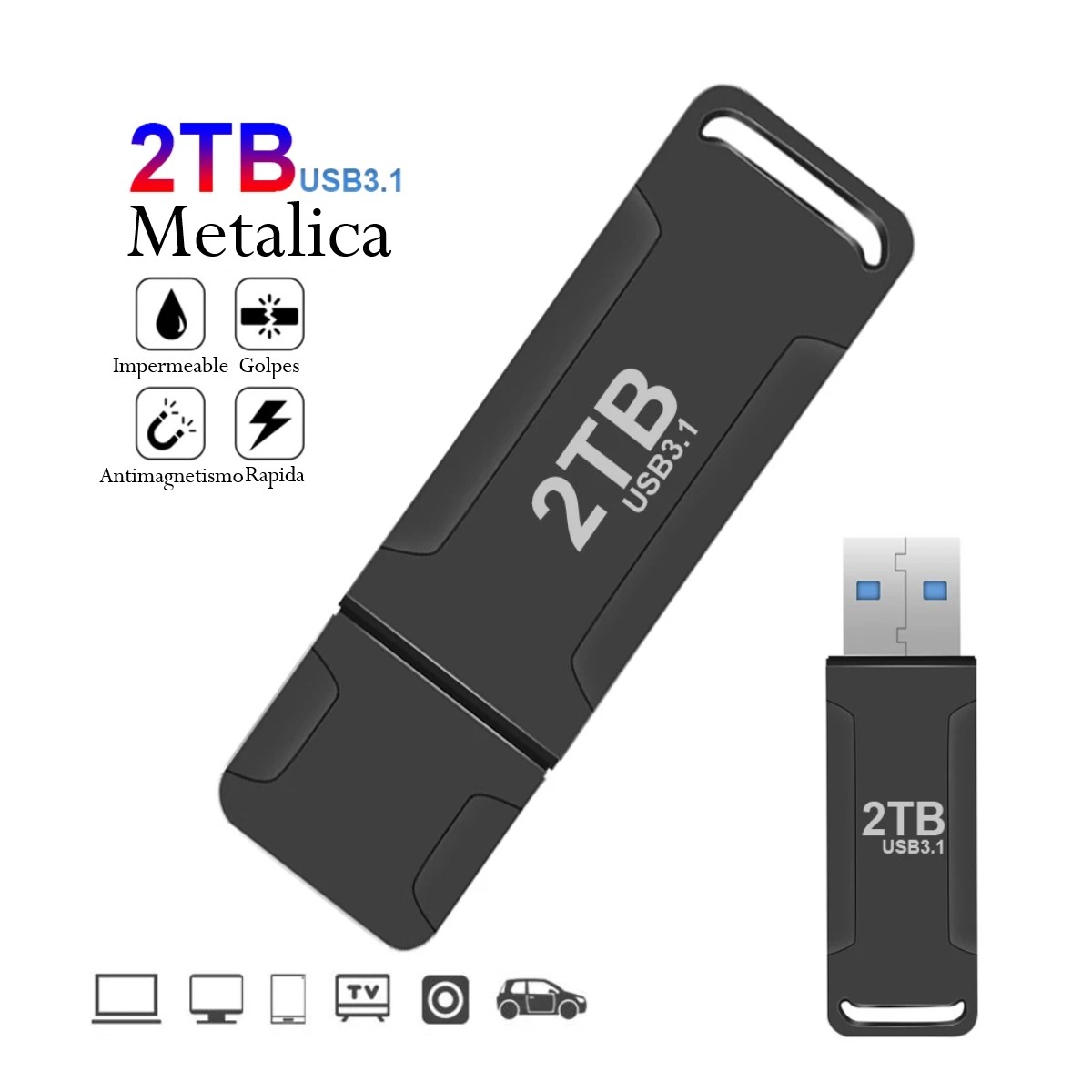 Memoria pendrive USB 3.1 alta velocidad unidad Flash 2TB metalica negro portátil pc lap mac cel.