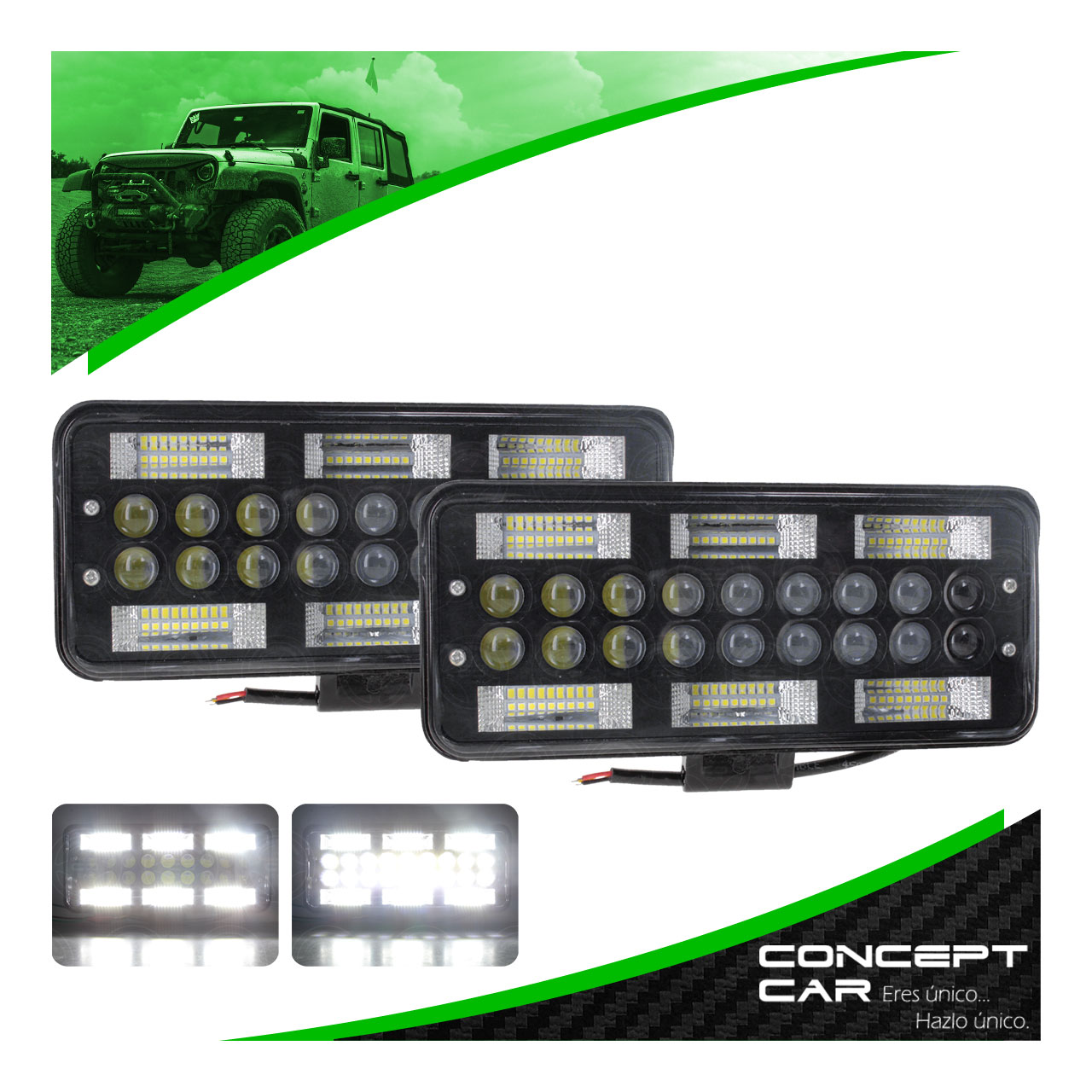 Par Faro 72 Led 18 Lupas Rectangular Auxiliar Fondo Negro