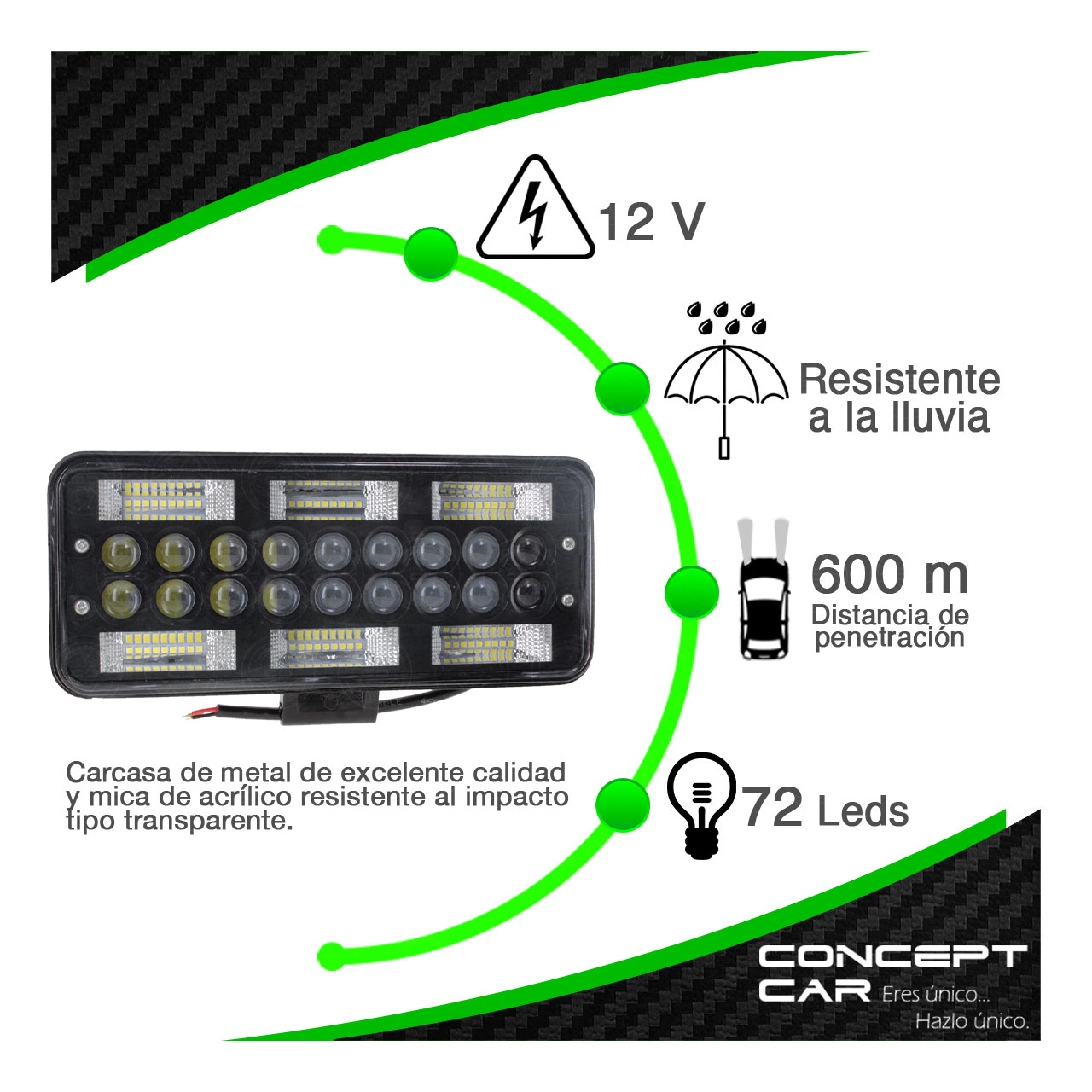 Par Faro 72 Led 18 Lupas Rectangular Auxiliar Fondo Negro