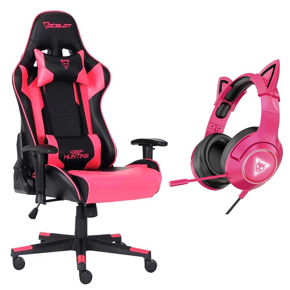 Silla Gamer Ocelot Rosa C Negro + Audífonos Iluminación RGB