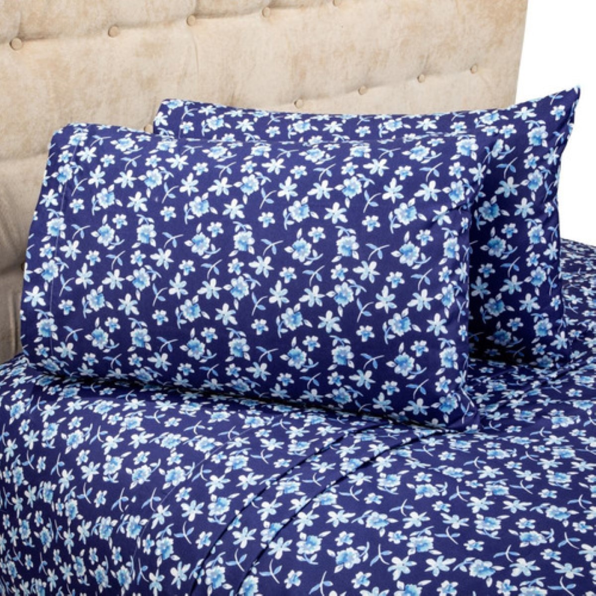 Sábanas Matrimoniales Microfibra Estampado Color Bilbao Azul Marino flores blancos