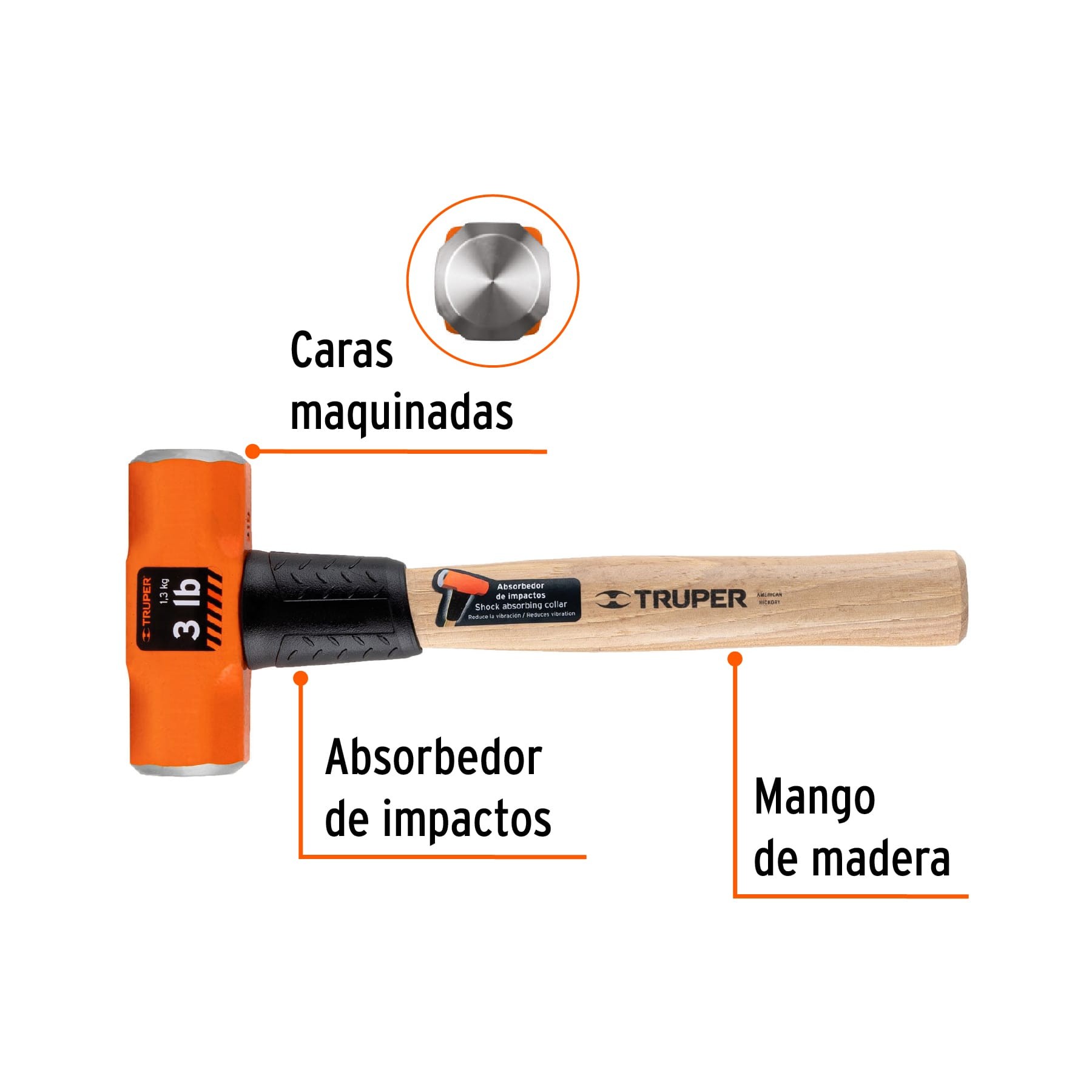 MARRO OCTAGONAL 3 LB, MANGO DE MADERA 12", TRUPER 16507