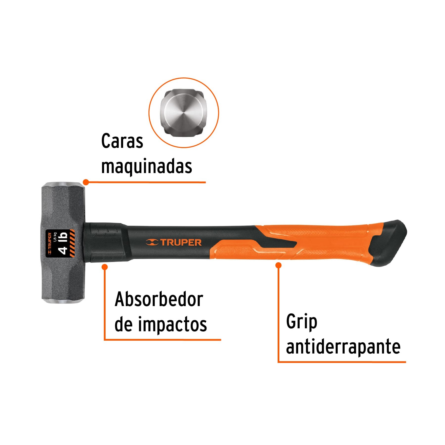 MARRO OCTAGONAL 4 LB, MANGO DE FIBRA DE VIDRIO 14", TRUPER 16536