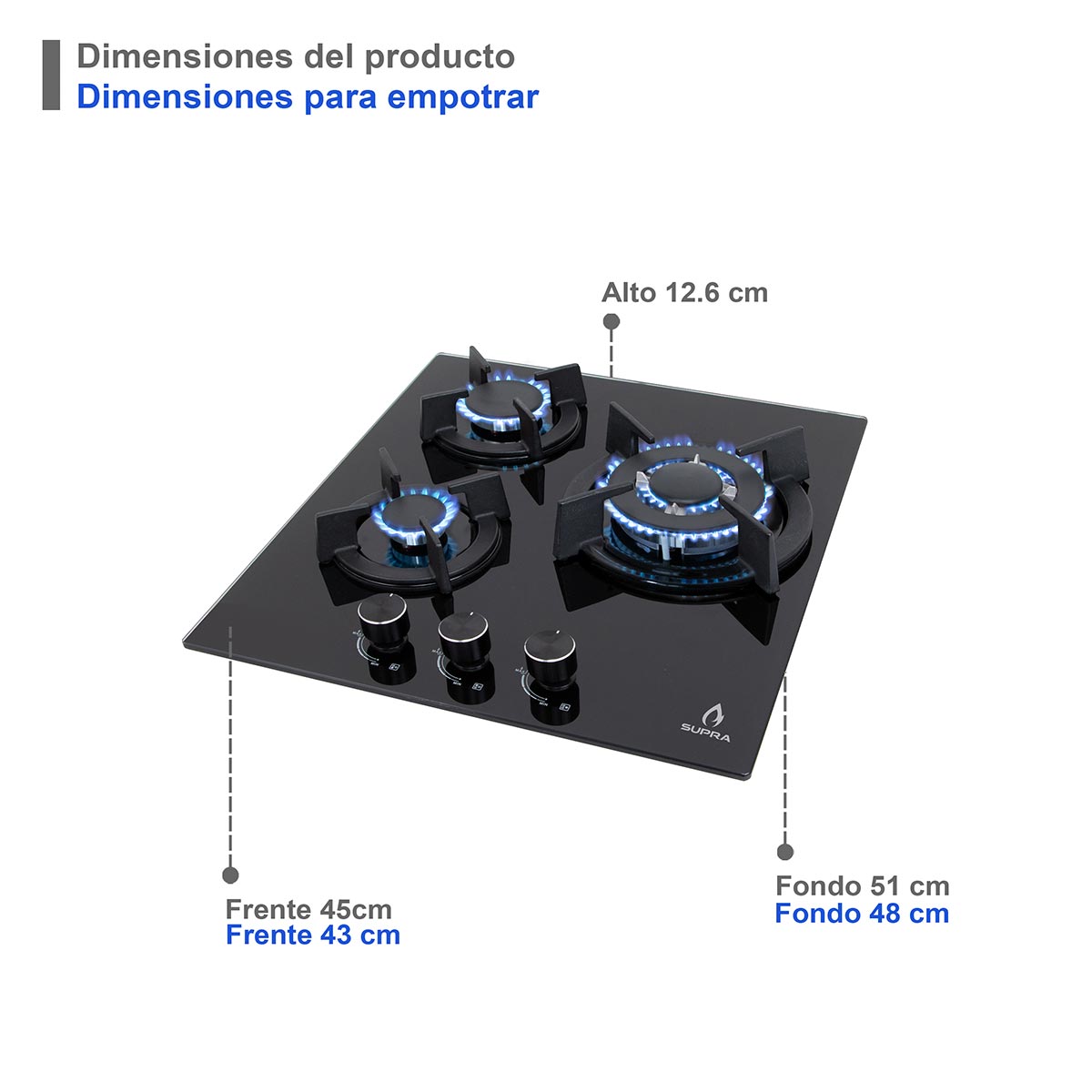 Parrilla A Gas Empotrable BARELLA Supra De 45cm Con 3 Quemadores