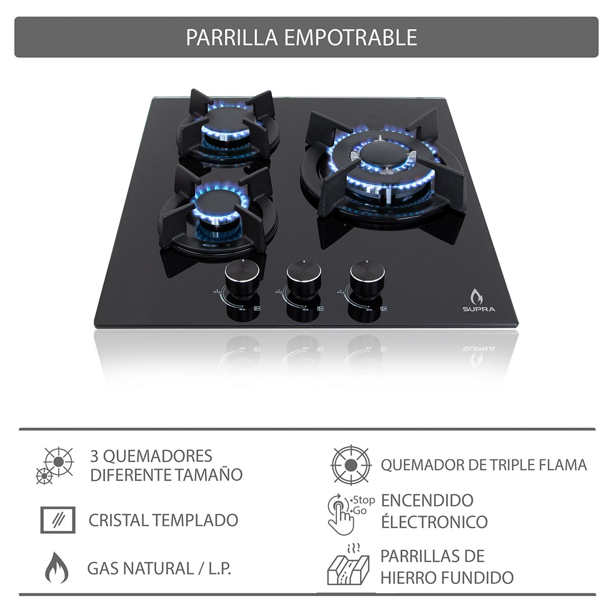 Parrilla A Gas Empotrable BARELLA Supra De 45cm Con 3 Quemadores