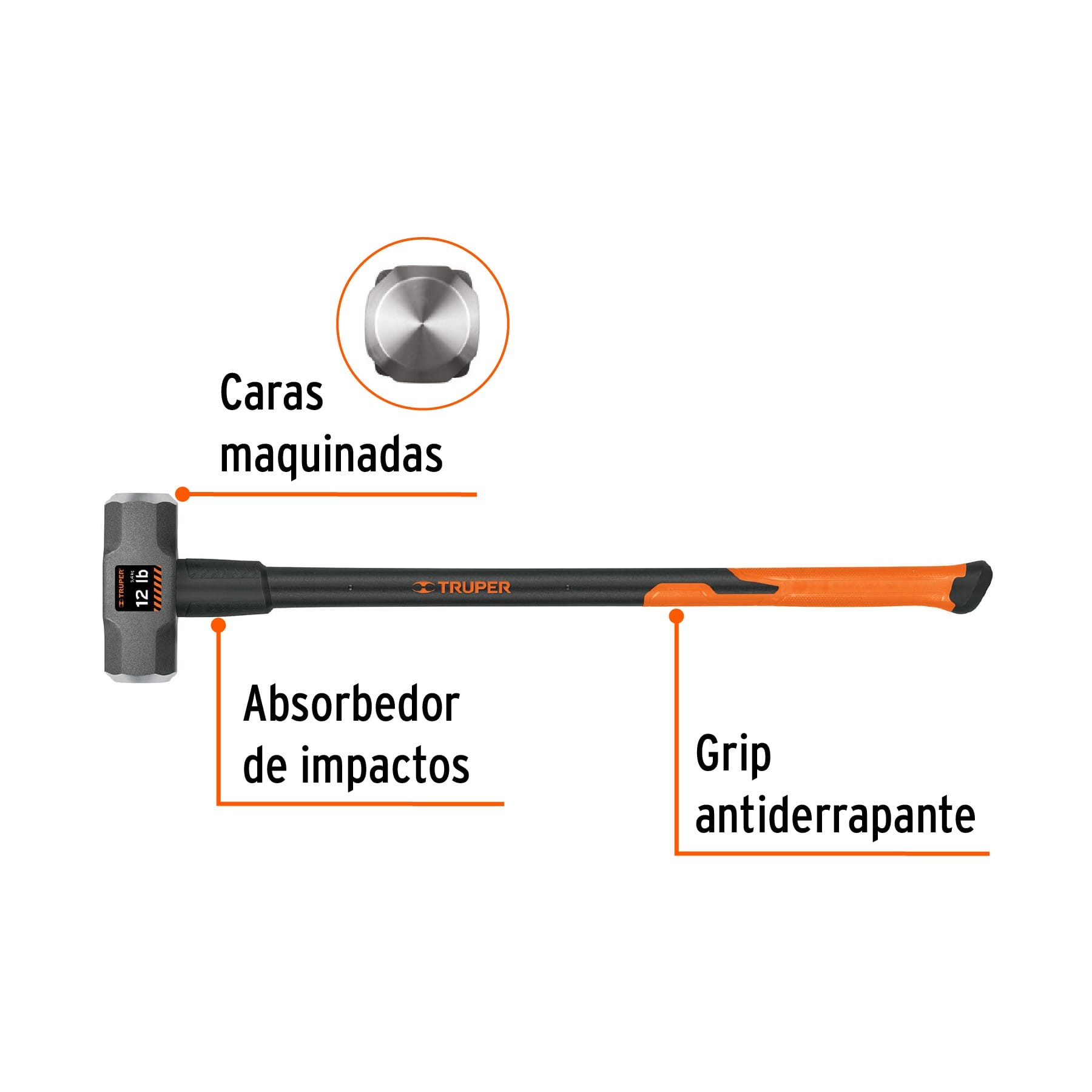 MARRO OCTAGONAL 12 LB, MANGO FIBRA DE VIDRIO 36", TRUPER 16542