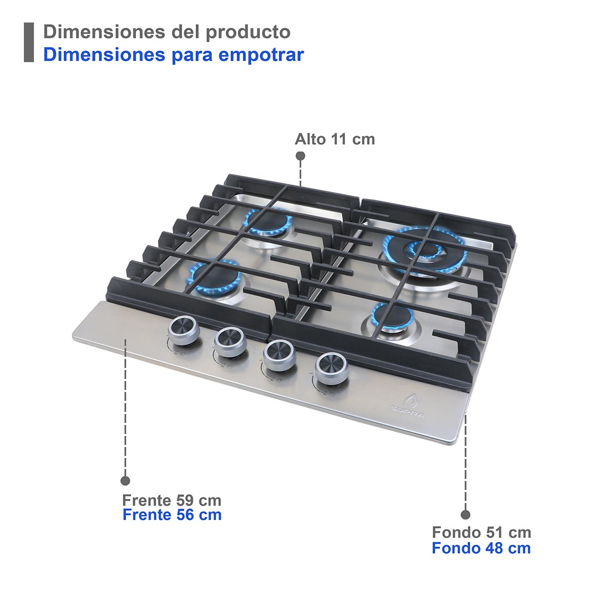Parrilla Gas Supra 4 Quemadores Empotrable IMPERIA De 60cm En Acero
