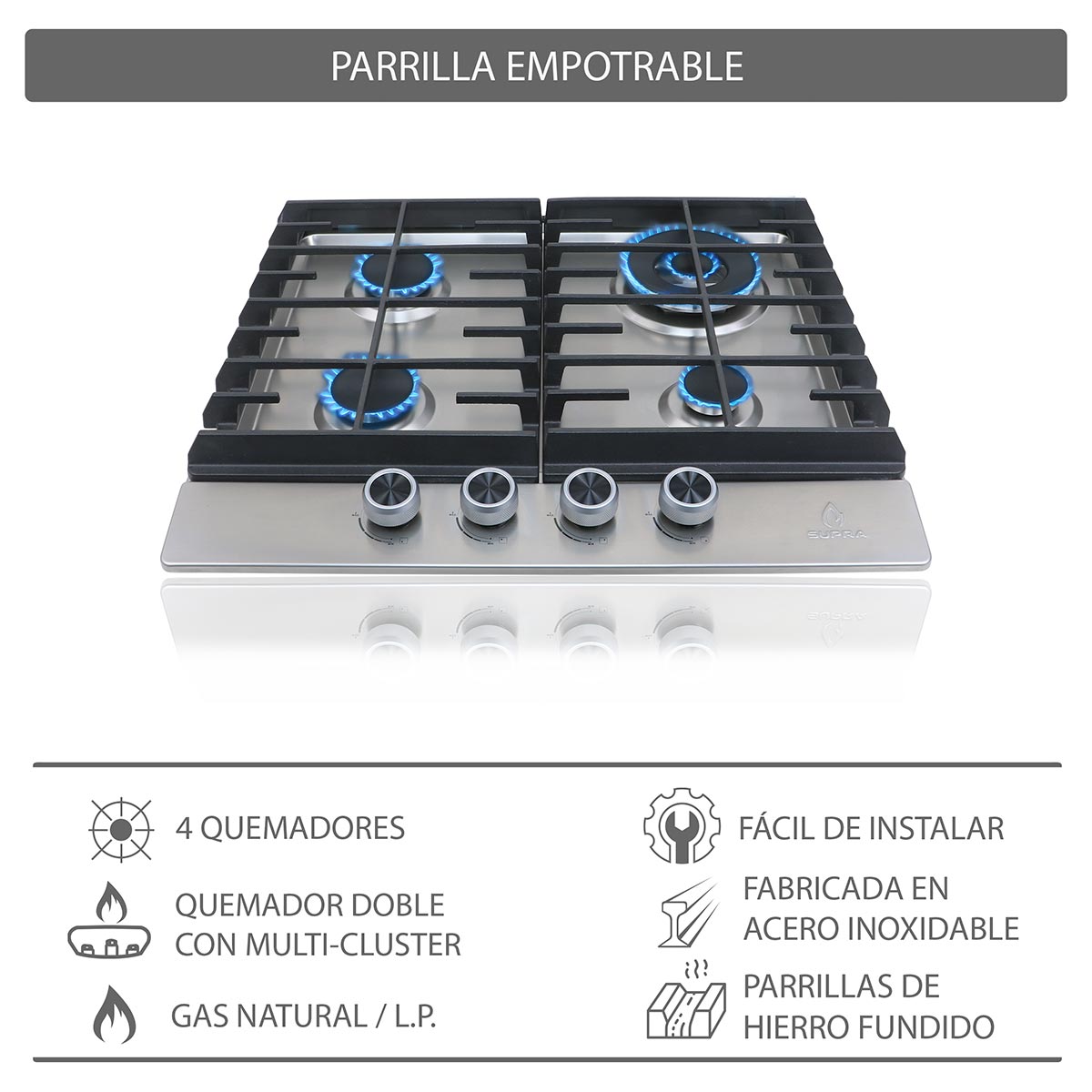 Parrilla Gas Supra 4 Quemadores Empotrable IMPERIA De 60cm En Acero