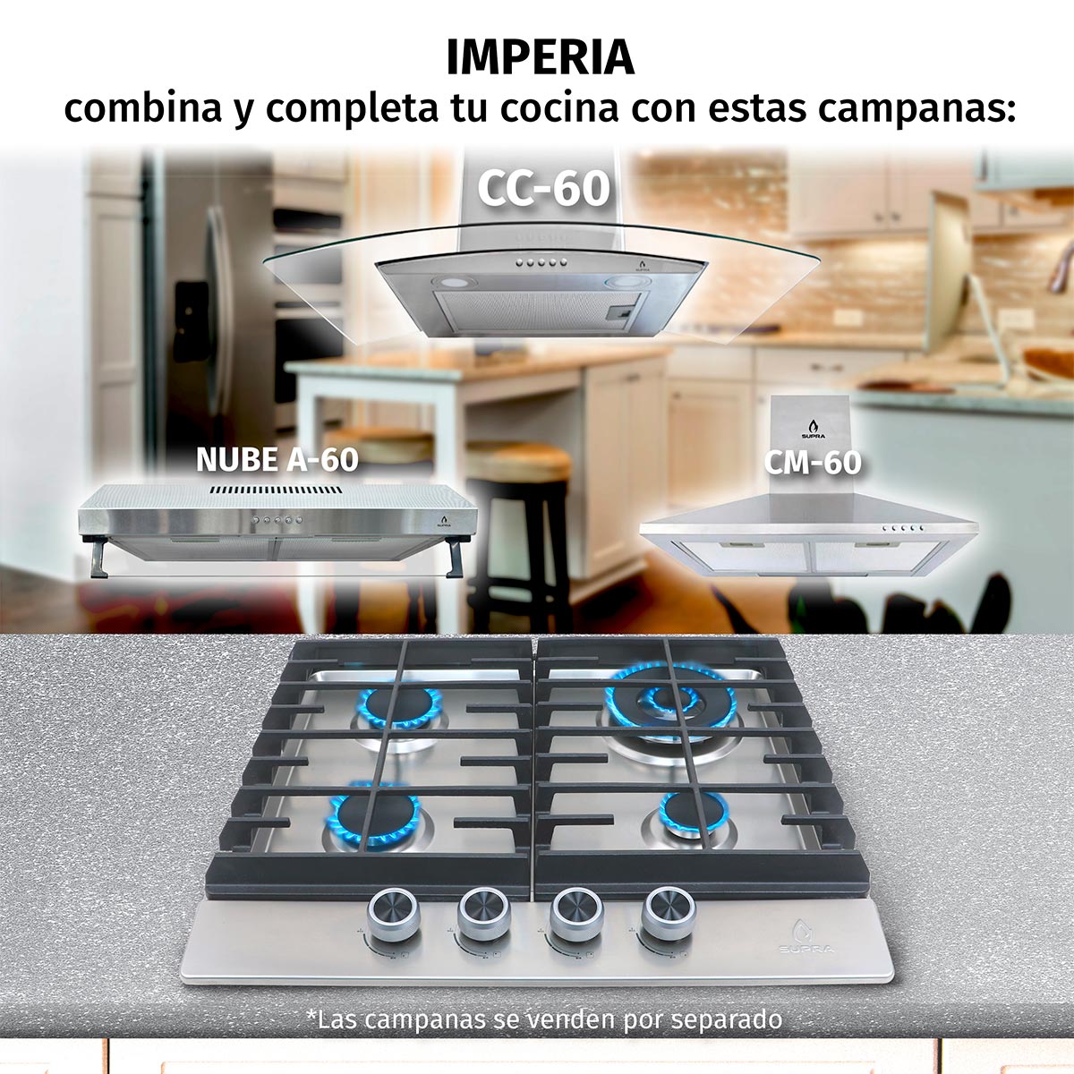 Parrilla Gas Supra 4 Quemadores Empotrable IMPERIA De 60cm En Acero