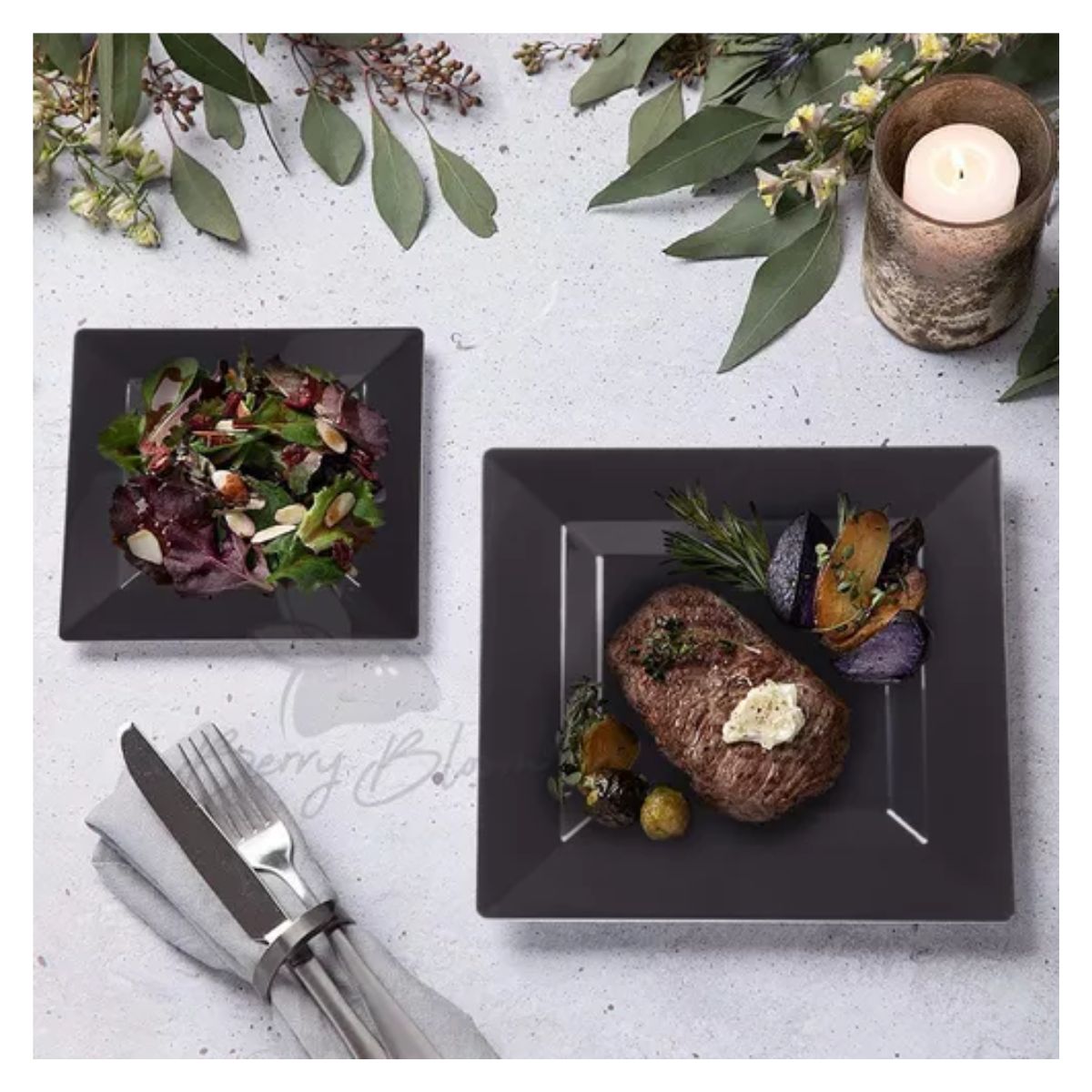 50 Platos Desechables Cuadrados Elegantes, Fiesta, Plástico NEGRO