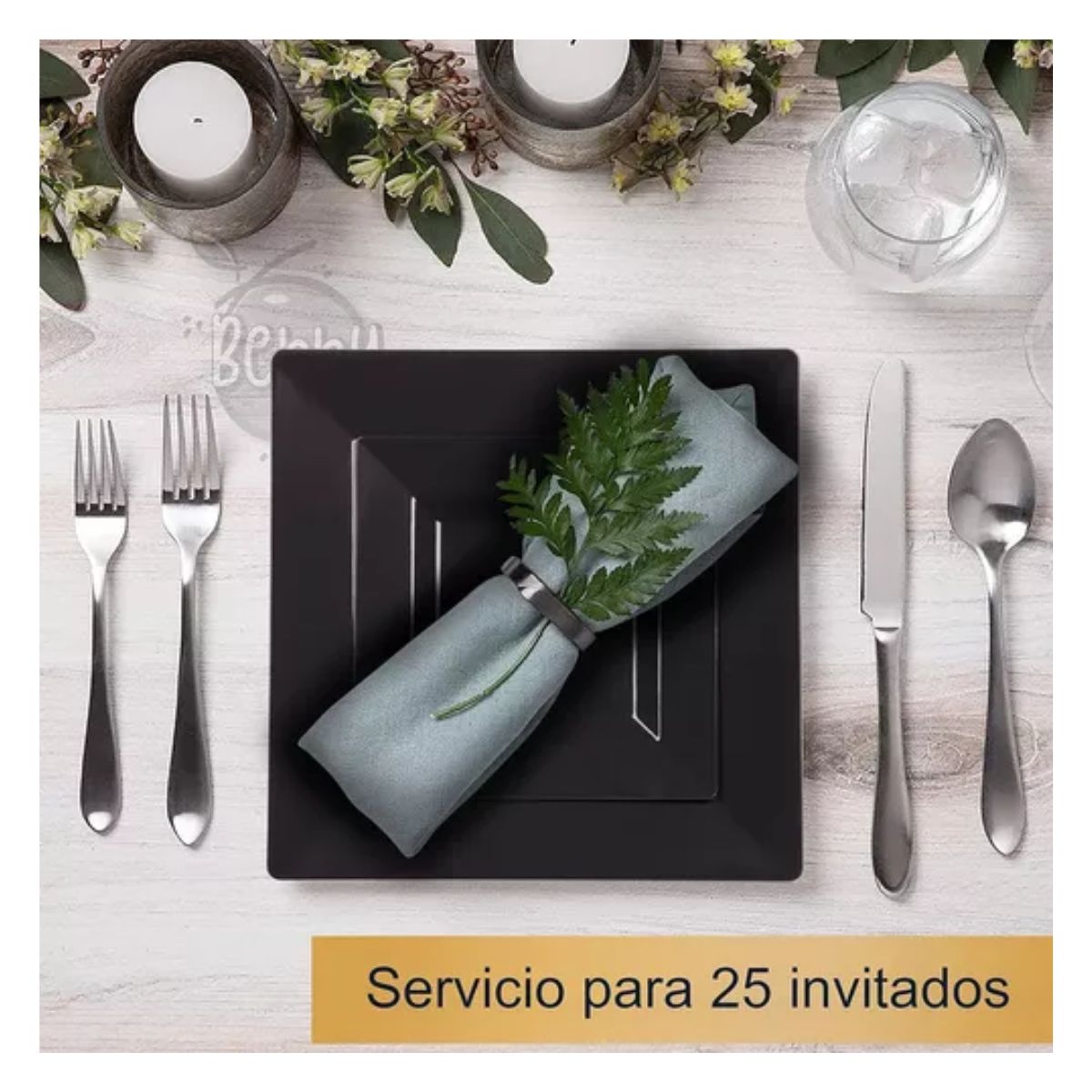 50 Platos Desechables Cuadrados Elegantes, Fiesta, Plástico NEGRO