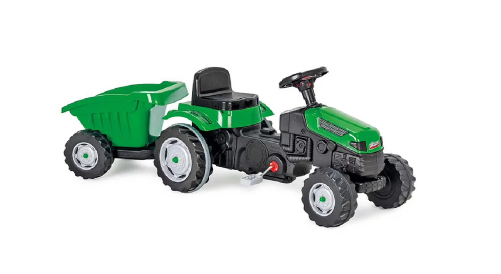 Tractor montable electrico con remolque verde.