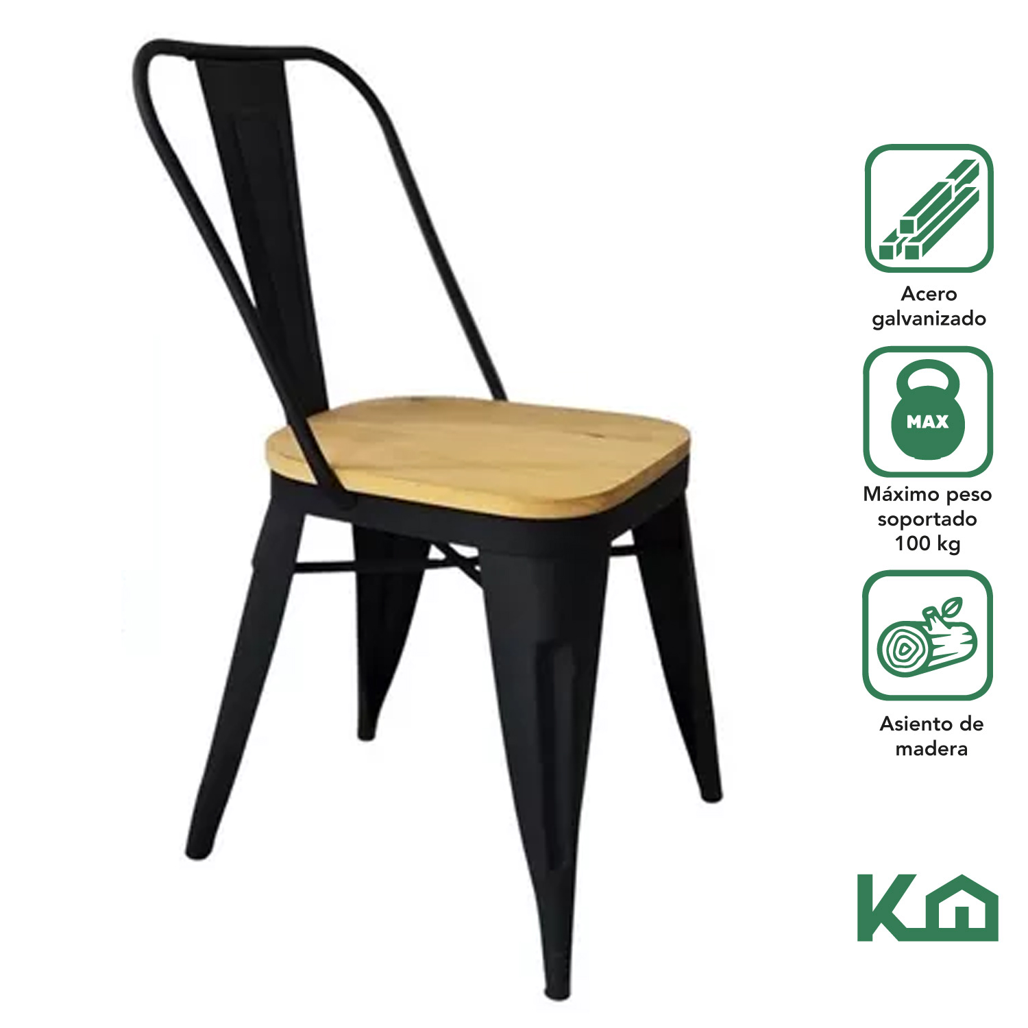 Silla Tolix De Metal Con Asiento Madera 2 Pzas Para Comedor Negro
