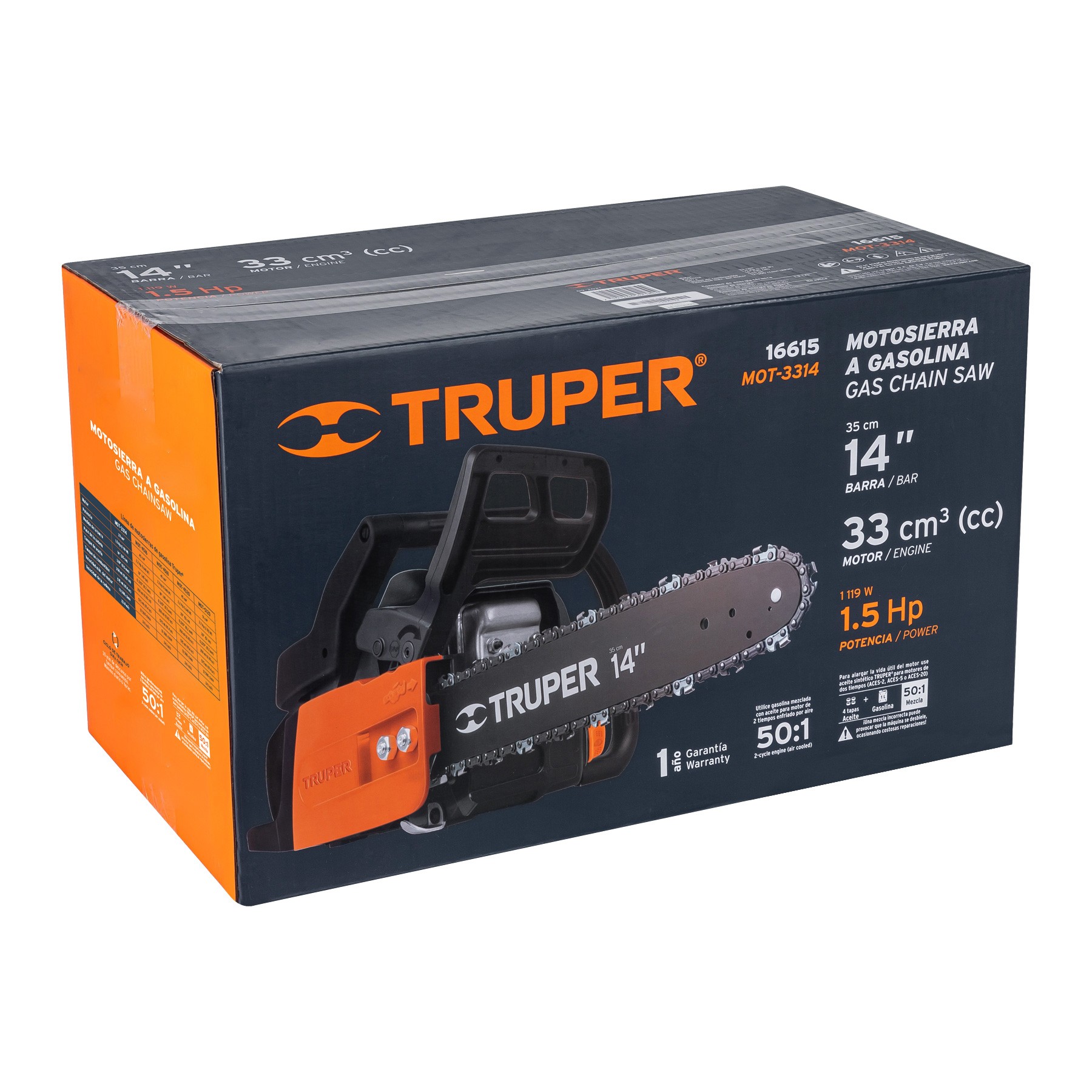 MOTOSIERRA 33 CC A GASOLINA CON BARRA DE 14", TRUPER 16615