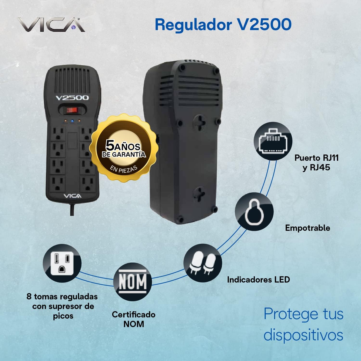 Regulador Vica V2500 2500VA 300J Entrada 100-127V Negro energía pc laptop pantalla cel 