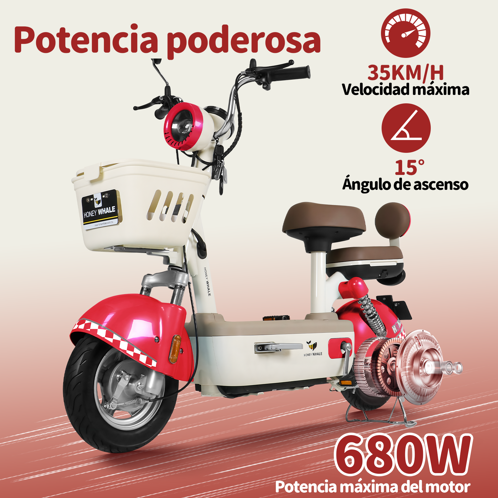 Motobici Eléctrica Honey Whale U4S Rojo.