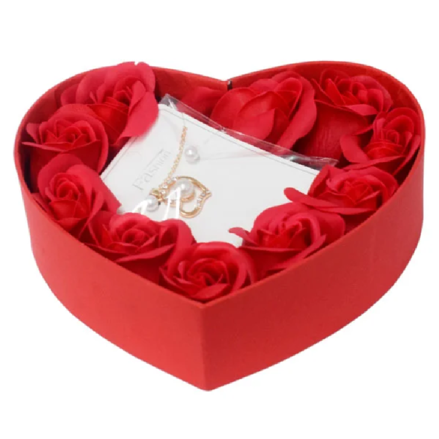 Caja de Regalo en Forma de Corazón con Collar Cadena y Aretes y 10 Rosas