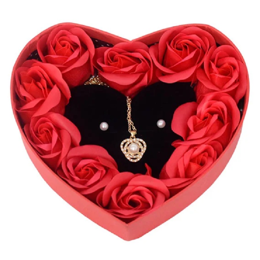 Caja de Regalo en Forma de Corazón con Collar Cadena y Aretes y 10 Rosas