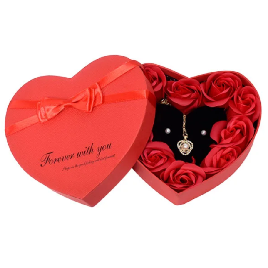 Caja de Regalo en Forma de Corazón con Collar Cadena y Aretes y 10 Rosas