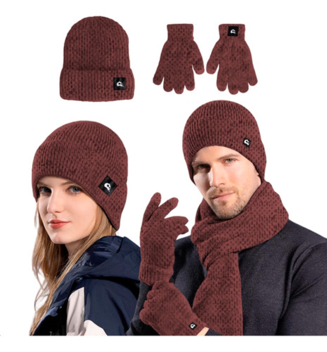 Unisex Winter Warm Knit Hat Scarf & Gloves Set - Black Thermal Set For Men & Women