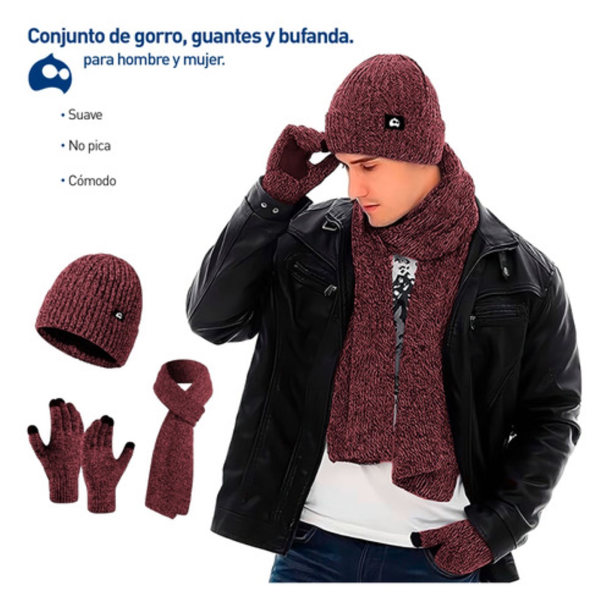 Gorro Bufanda Guante Conjunto Térmico Invierno Frio Unisex  Rojo