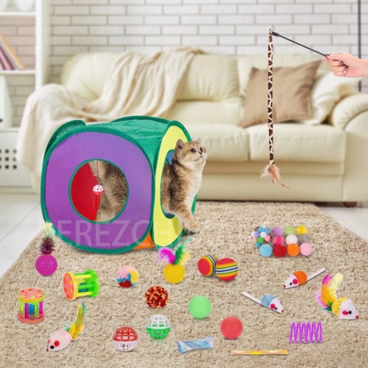 Juguetes Para Gato 33 Pz Pluma Varita Bola Túnel Casa Ratone 