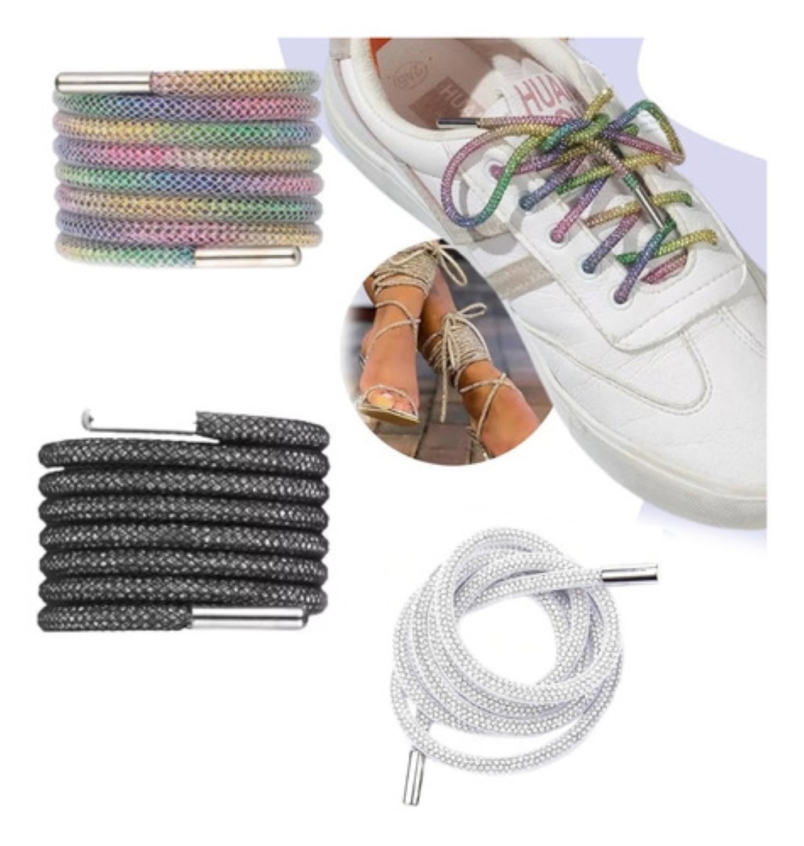 Agujetas Zapatos Redondas Brillosas Con Piedras 1.20 M 2pc Arco iris