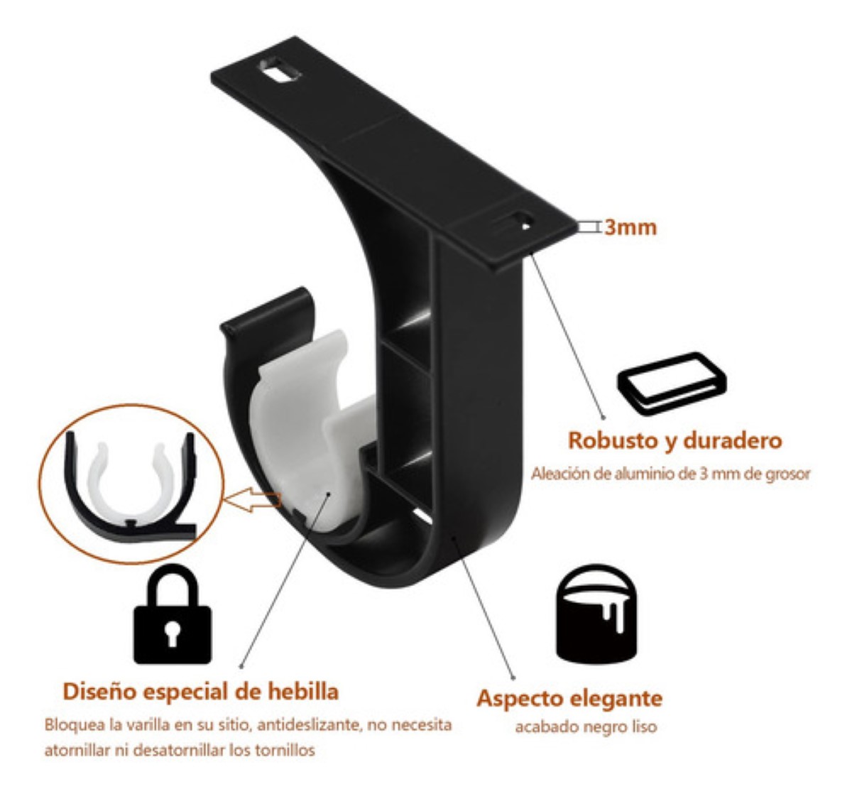 Soporte Set Tubos Cortinero Ajustable Gancho Para Techo 6pcs NEGRO