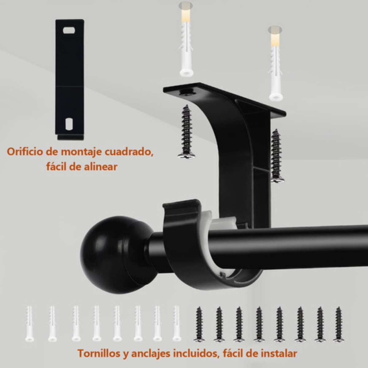 Soporte Set Tubos Cortinero Ajustable Gancho Para Techo 6pcs NEGRO