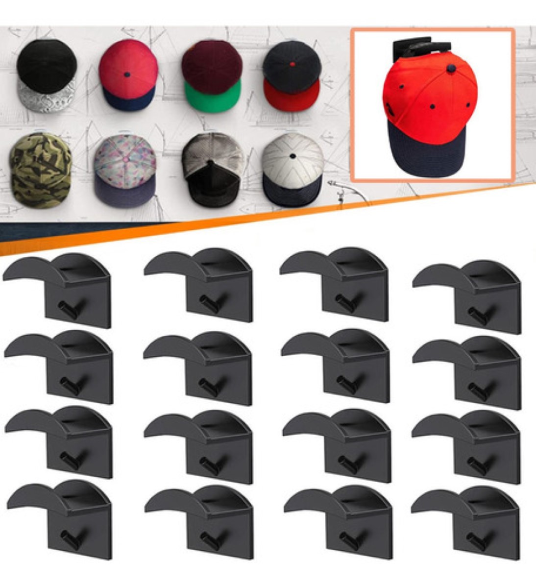Gancho Organizador De Gorras Para Pared, 16 Uds. NEGRO