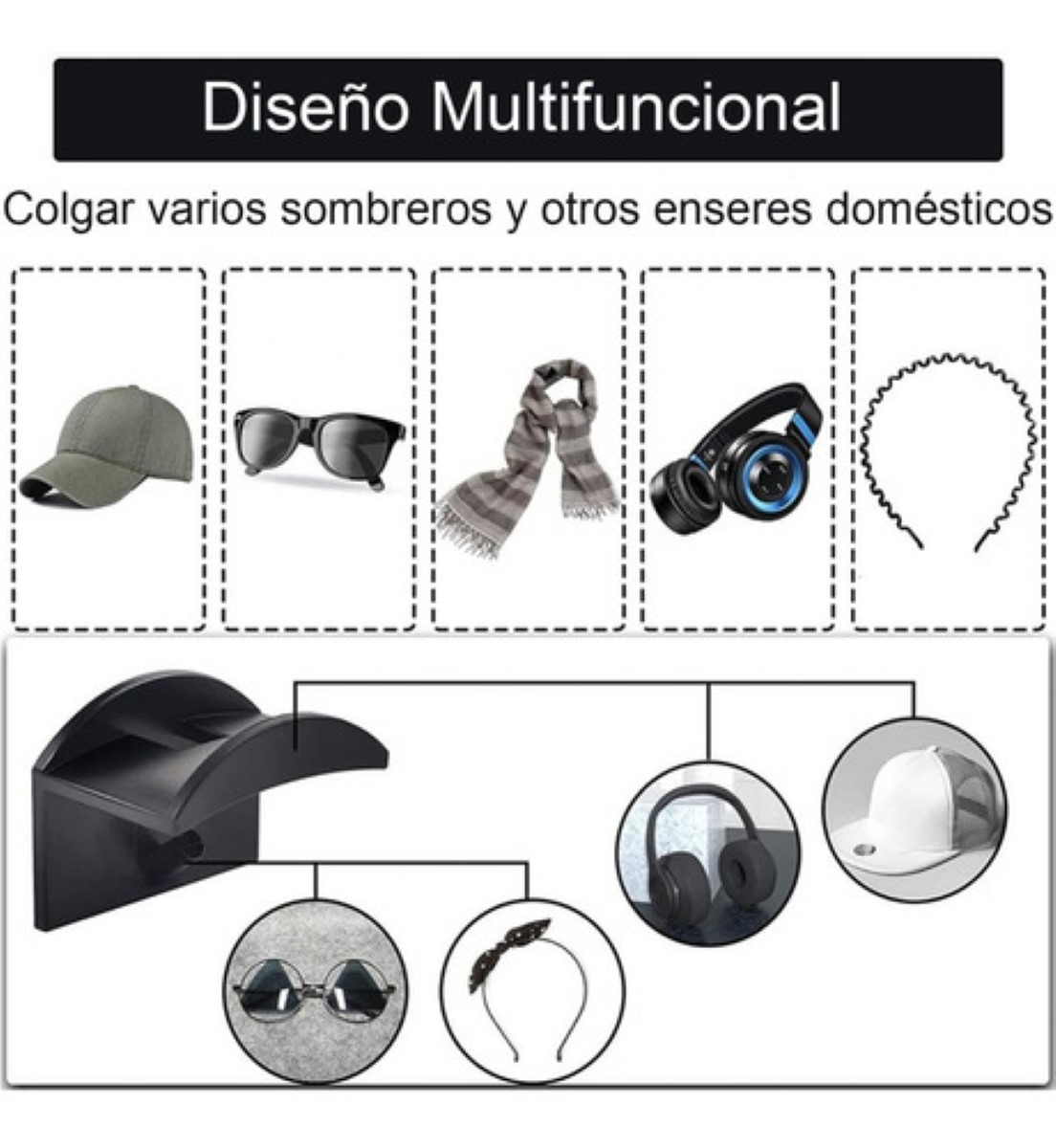 Gancho Organizador De Gorras Para Pared, 16 Uds. NEGRO