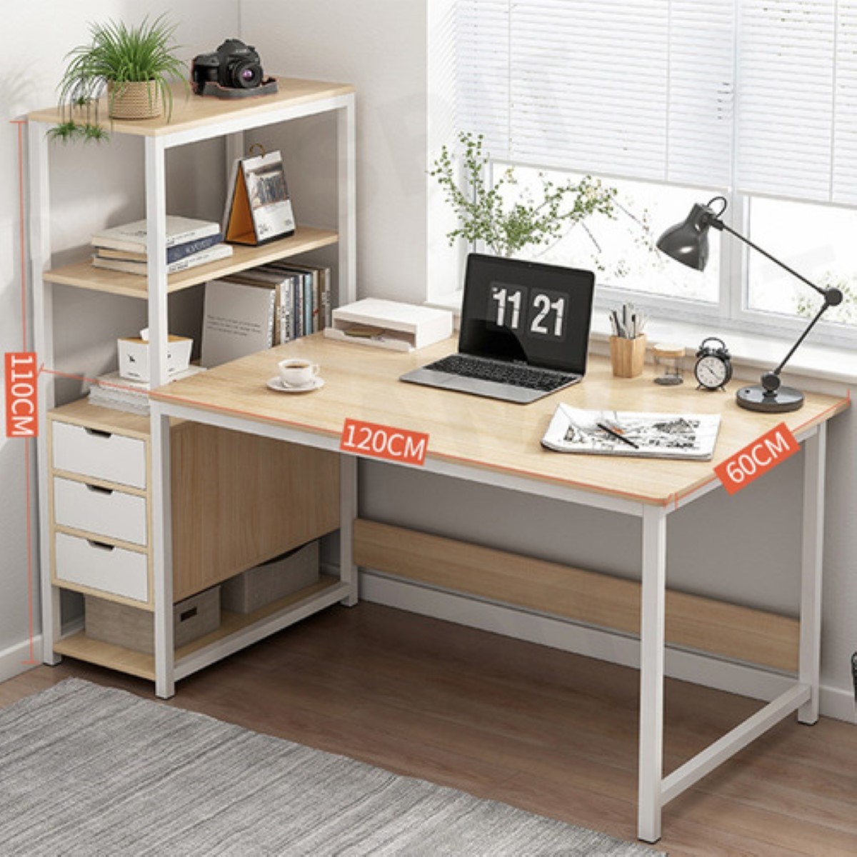 Escritorio Con Repisa Laterale Minimalista Para Oficina 1.2m roble cepillado