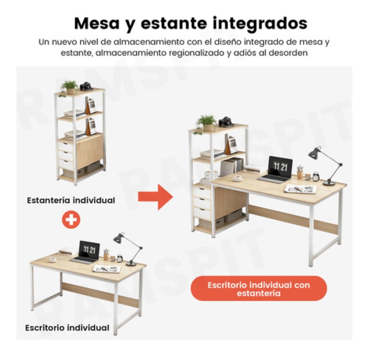 Escritorio Con Repisa Laterale Minimalista Para Oficina 1.2m roble cepillado