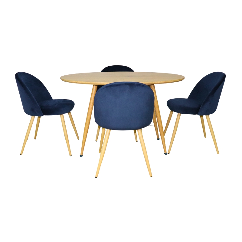 Set de Comedor Armable Moderno Mesa de Madera y 4 Sillas en Terciopelo Azul