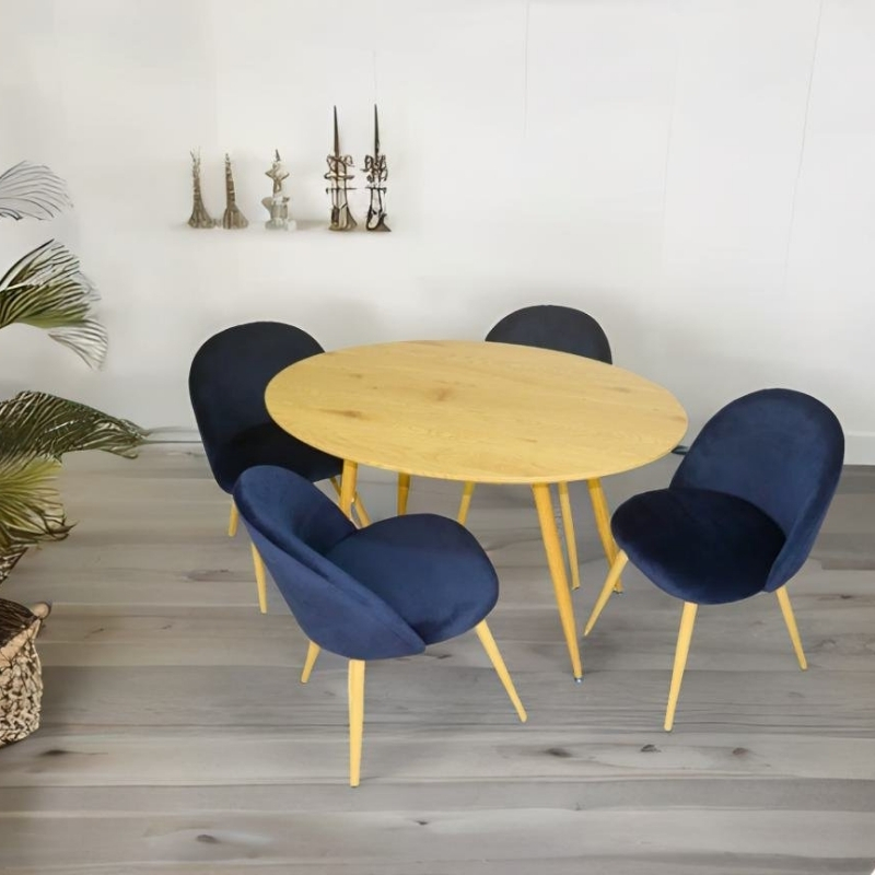 Set de Comedor Armable Moderno Mesa de Madera y 4 Sillas en Terciopelo Azul