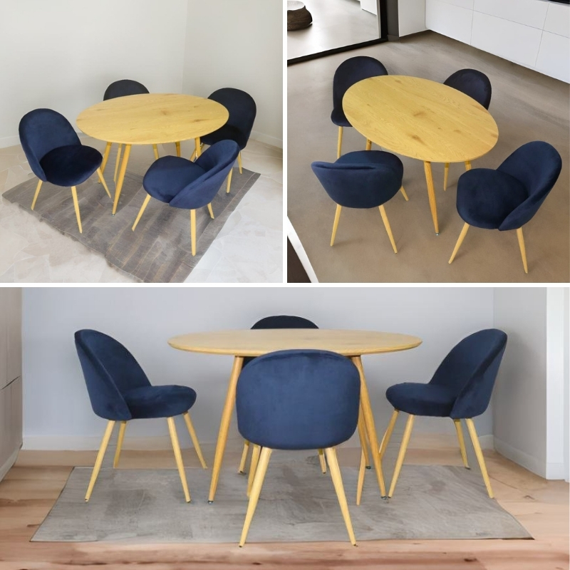 Set de Comedor Armable Moderno Mesa de Madera y 4 Sillas en Terciopelo Azul