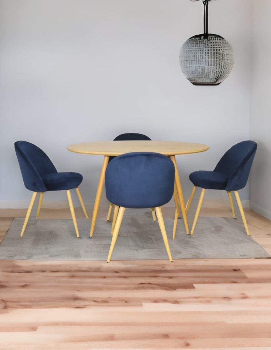 Set de Comedor Armable Moderno Mesa de Madera y 4 Sillas en Terciopelo Azul