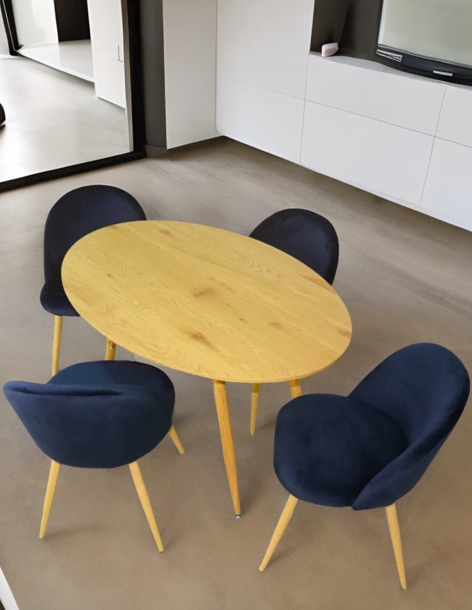 Set de Comedor Armable Moderno Mesa de Madera y 4 Sillas en Terciopelo Azul