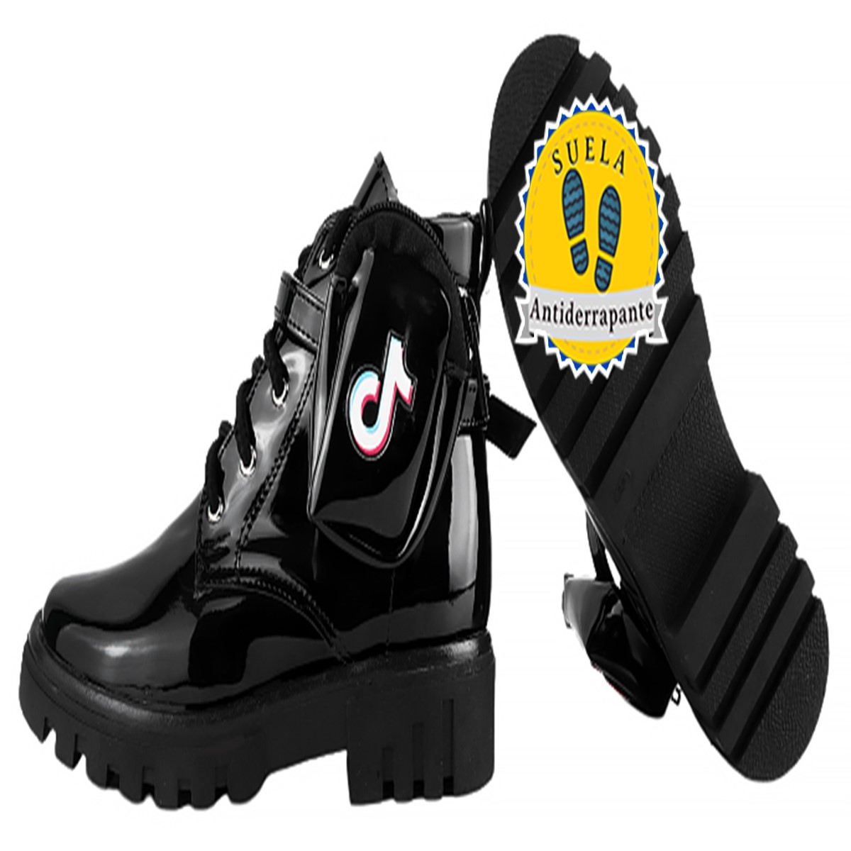 Botas Niña Bolsita Modernas Chunky Charol Negro 6017-cn