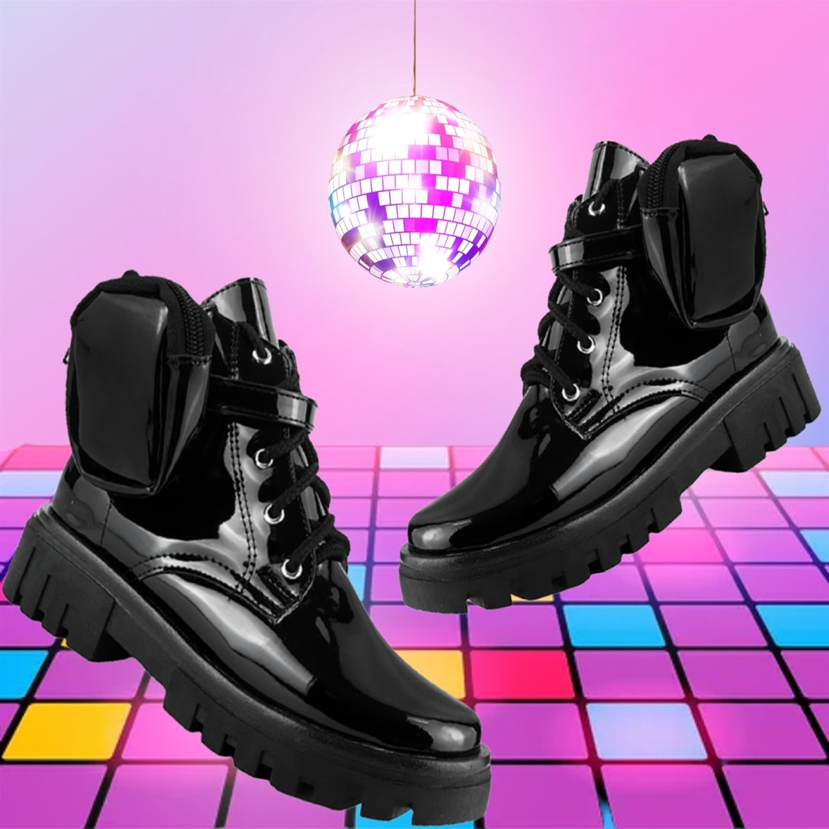 Botas Niña Bolsita Modernas Chunky Charol Negro 6017-cn