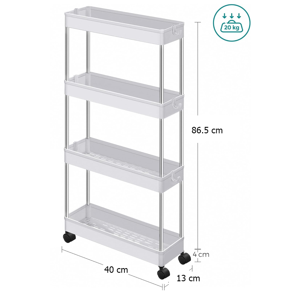 Organizador de 4 niveles para carrito de almacenamiento, estantería móvil con 4 ruedas giratorias 360 grados, baldas y 4 ganchos, estantes de almacenamiento deslizables