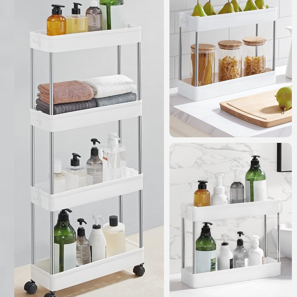 Organizador de 4 niveles para carrito de almacenamiento, estantería móvil con 4 ruedas giratorias 360 grados, baldas y 4 ganchos, estantes de almacenamiento deslizables