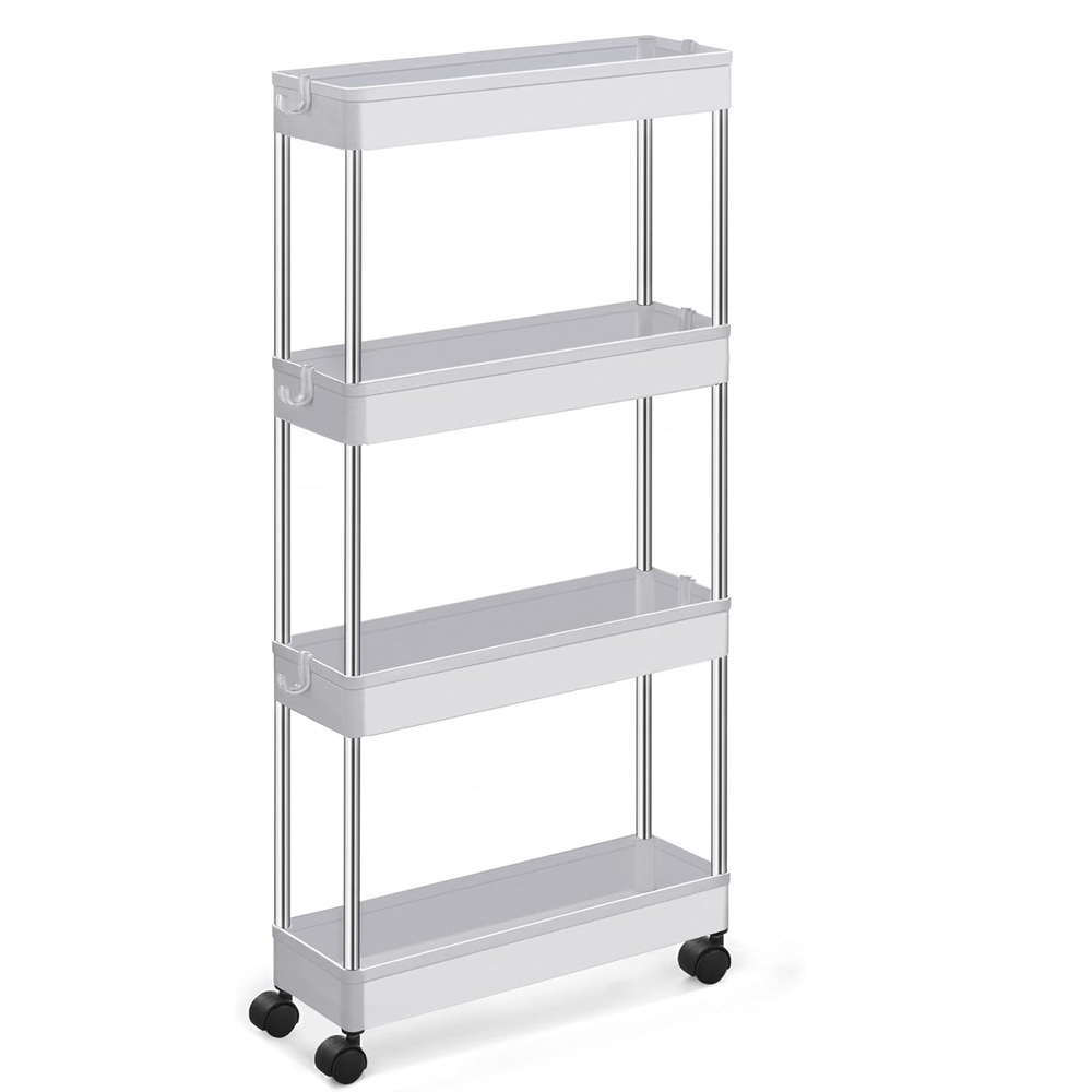 Organizador de 4 niveles para carrito de almacenamiento, estantería móvil con 4 ruedas giratorias 360 grados, baldas y 4 ganchos, estantes de almacenamiento deslizables