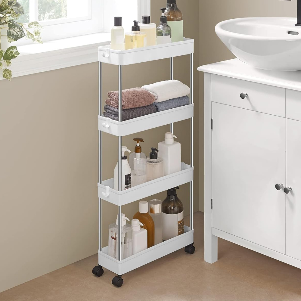 Organizador de 4 niveles para carrito de almacenamiento, estantería móvil con 4 ruedas giratorias 360 grados, baldas y 4 ganchos, estantes de almacenamiento deslizables